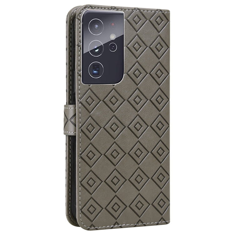 For Samsung Galaxy S21 Ultra 5G Embossed Big Small Concentric Squares Pattern Horizontal Flip Leather Case with Card Slot & Holder & Wallet