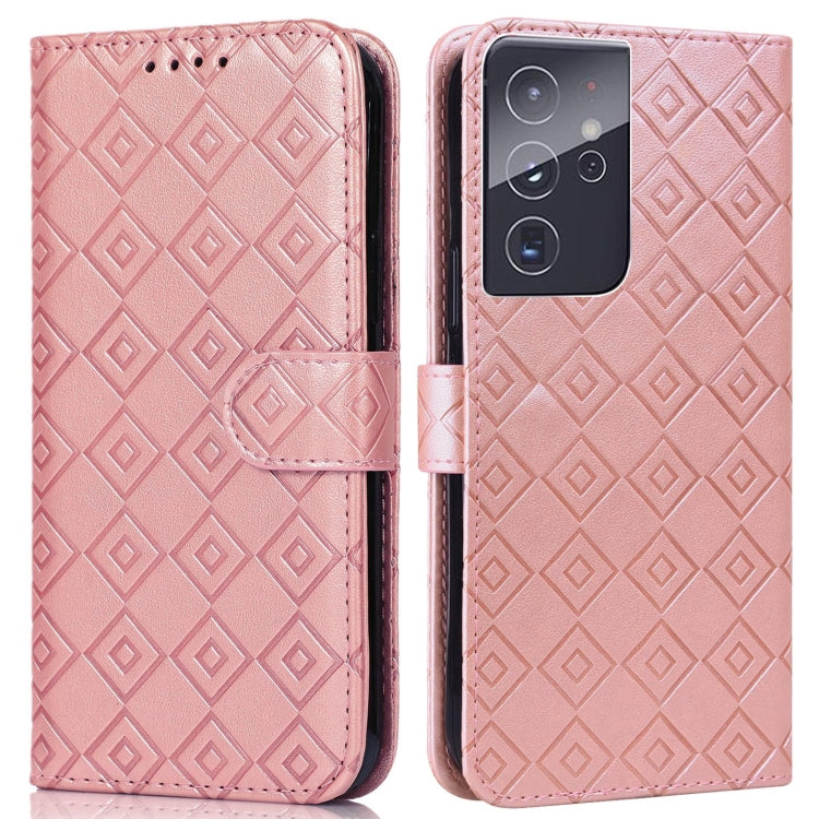 For Samsung Galaxy S21 Ultra 5G Embossed Big Small Concentric Squares Pattern Horizontal Flip Leather Case with Card Slot & Holder & Wallet