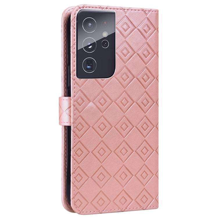 For Samsung Galaxy S21 Ultra 5G Embossed Big Small Concentric Squares Pattern Horizontal Flip Leather Case with Card Slot & Holder & Wallet