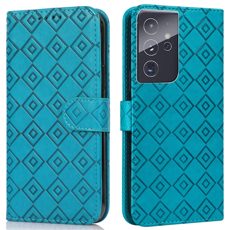 For Samsung Galaxy S21 Ultra 5G Embossed Big Small Concentric Squares Pattern Horizontal Flip Leather Case with Card Slot & Holder & Wallet