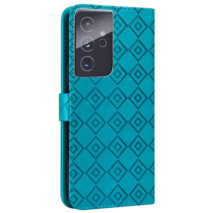 For Samsung Galaxy S21 Ultra 5G Embossed Big Small Concentric Squares Pattern Horizontal Flip Leather Case with Card Slot & Holder & Wallet