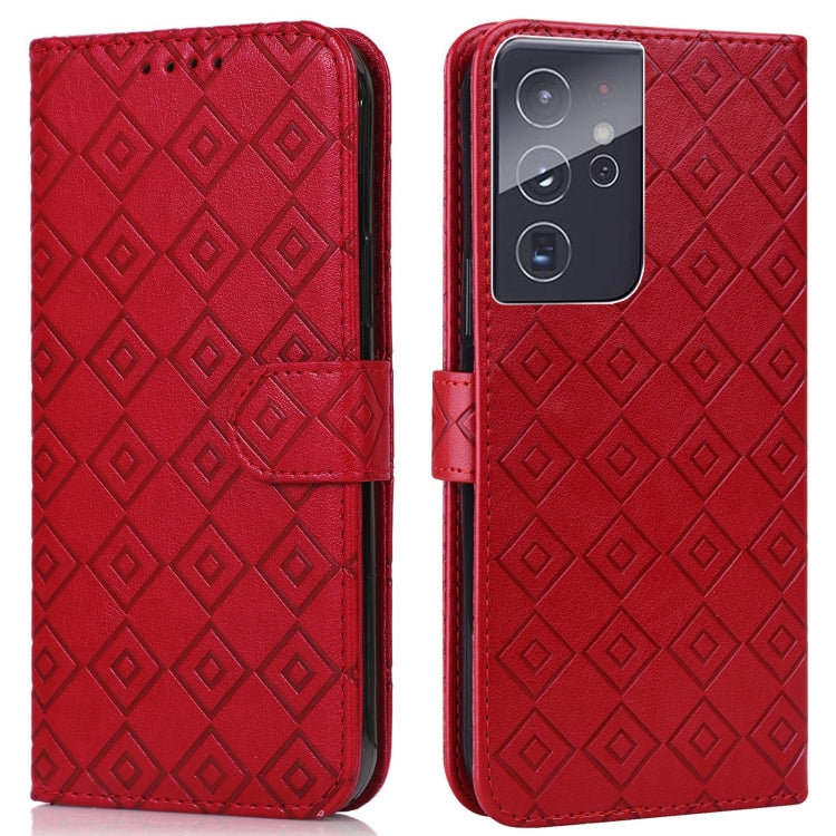 For Samsung Galaxy S21 Ultra 5G Embossed Big Small Concentric Squares Pattern Horizontal Flip Leather Case with Card Slot & Holder & Wallet