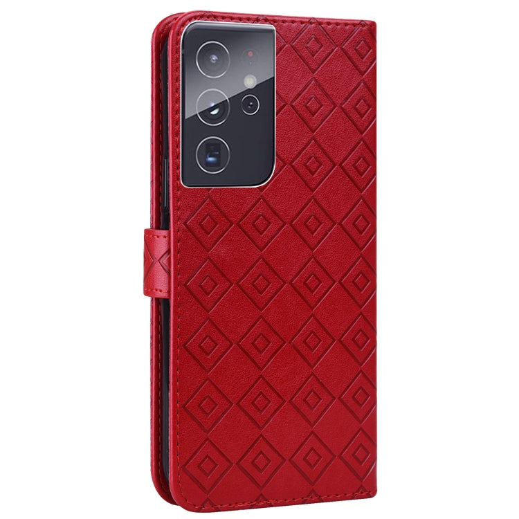 For Samsung Galaxy S21 Ultra 5G Embossed Big Small Concentric Squares Pattern Horizontal Flip Leather Case with Card Slot & Holder & Wallet
