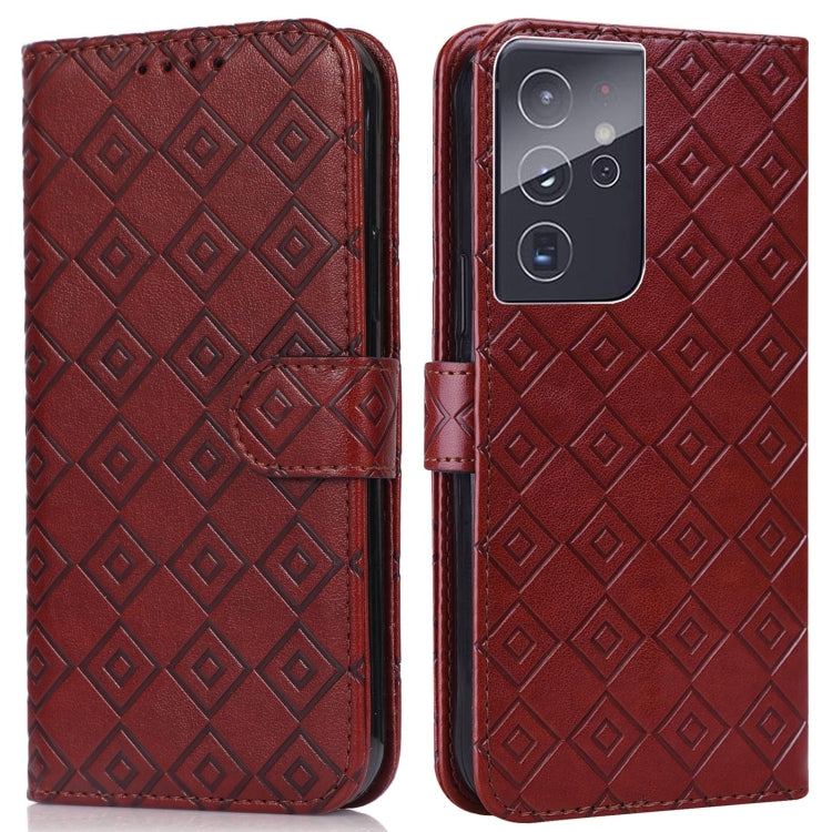 For Samsung Galaxy S21 Ultra 5G Embossed Big Small Concentric Squares Pattern Horizontal Flip Leather Case with Card Slot & Holder & Wallet