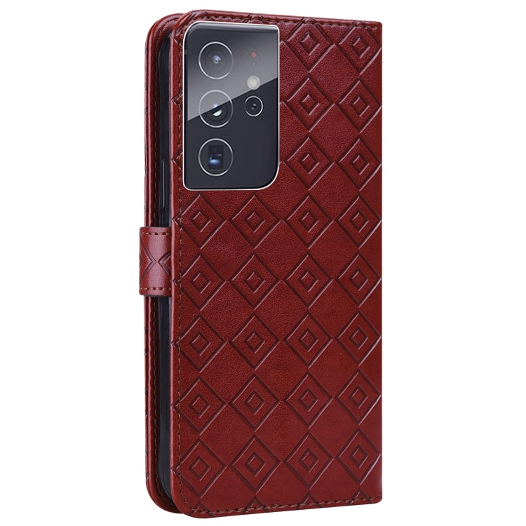 For Samsung Galaxy S21 Ultra 5G Embossed Big Small Concentric Squares Pattern Horizontal Flip Leather Case with Card Slot & Holder & Wallet