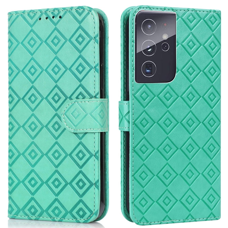 For Samsung Galaxy S21 Ultra 5G Embossed Big Small Concentric Squares Pattern Horizontal Flip Leather Case with Card Slot & Holder & Wallet