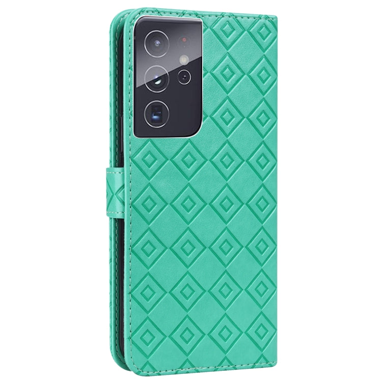 For Samsung Galaxy S21 Ultra 5G Embossed Big Small Concentric Squares Pattern Horizontal Flip Leather Case with Card Slot & Holder & Wallet
