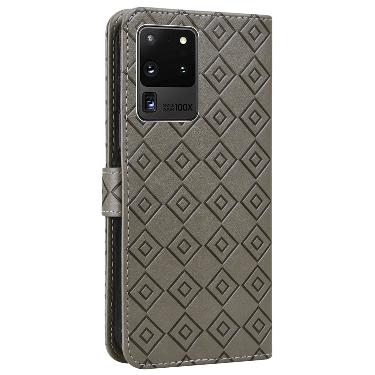 For Samsung Galaxy S20 Ultra Embossed Big Small Concentric Squares Pattern Horizontal Flip Leather Case with Card Slot & Holder & Wallet