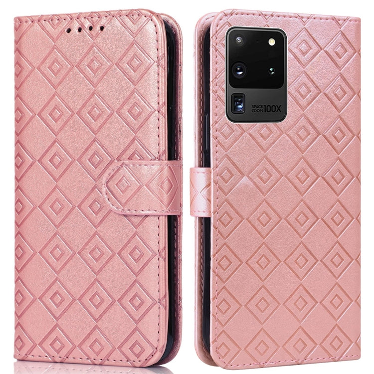 For Samsung Galaxy S20 Ultra Embossed Big Small Concentric Squares Pattern Horizontal Flip Leather Case with Card Slot & Holder & Wallet