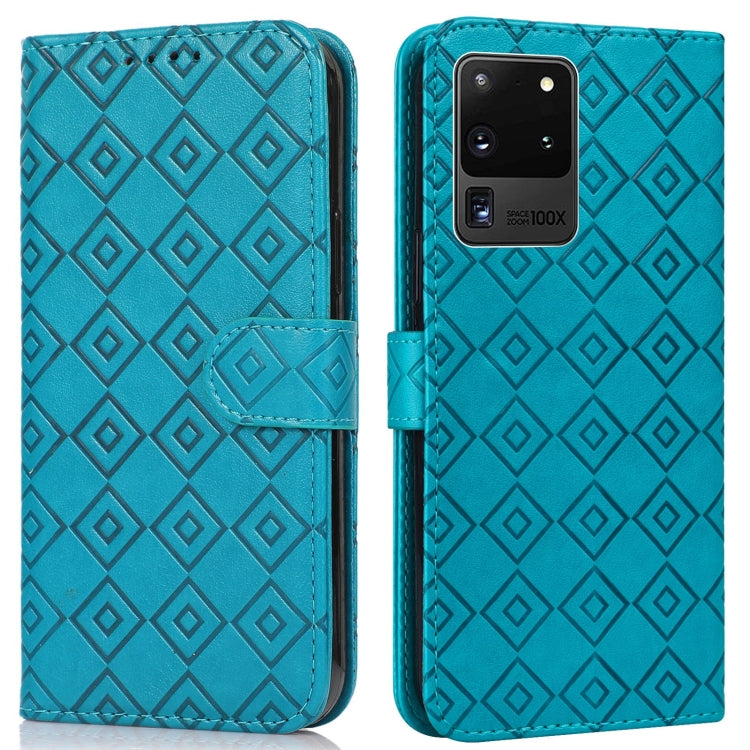 For Samsung Galaxy S20 Ultra Embossed Big Small Concentric Squares Pattern Horizontal Flip Leather Case with Card Slot & Holder & Wallet