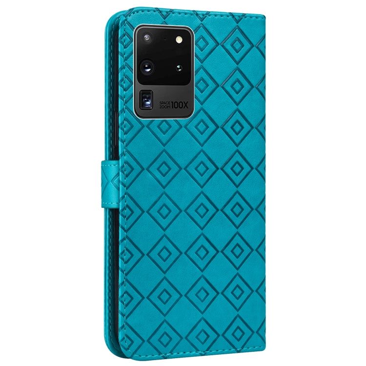 For Samsung Galaxy S20 Ultra Embossed Big Small Concentric Squares Pattern Horizontal Flip Leather Case with Card Slot & Holder & Wallet