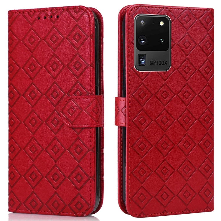 For Samsung Galaxy S20 Ultra Embossed Big Small Concentric Squares Pattern Horizontal Flip Leather Case with Card Slot & Holder & Wallet