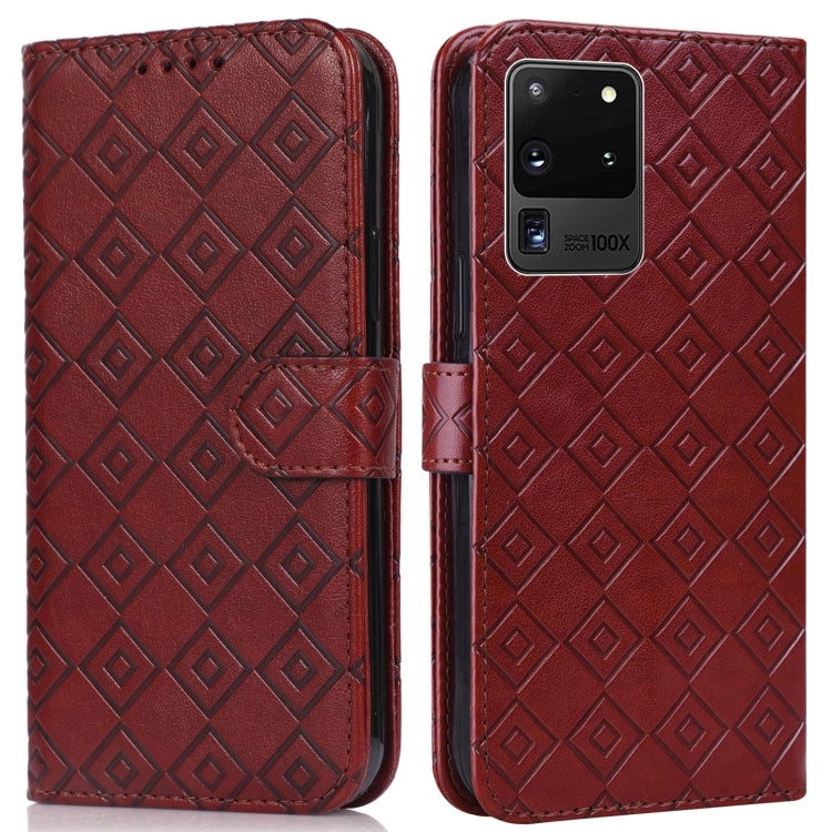 For Samsung Galaxy S20 Ultra Embossed Big Small Concentric Squares Pattern Horizontal Flip Leather Case with Card Slot & Holder & Wallet
