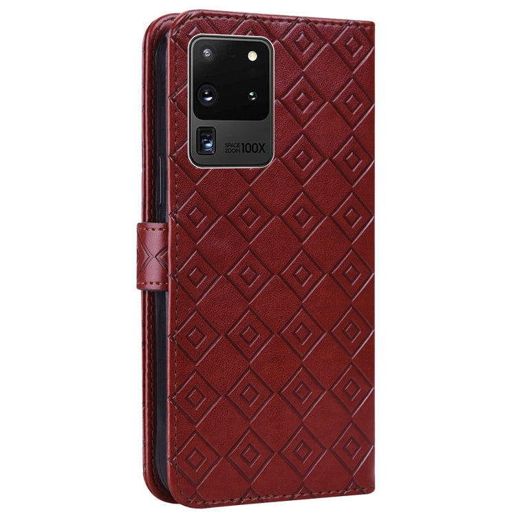For Samsung Galaxy S20 Ultra Embossed Big Small Concentric Squares Pattern Horizontal Flip Leather Case with Card Slot & Holder & Wallet