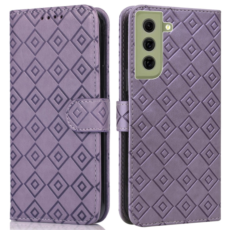 For Samsung Galaxy S21 FE 5G Embossed Big Small Concentric Squares Pattern Horizontal Flip Leather Case with Card Slot & Holder & Wallet