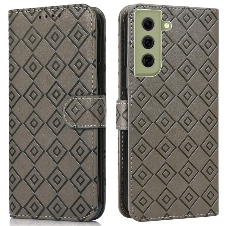 For Samsung Galaxy S21 FE 5G Embossed Big Small Concentric Squares Pattern Horizontal Flip Leather Case with Card Slot & Holder & Wallet