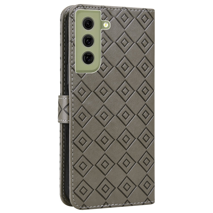 For Samsung Galaxy S21 FE 5G Embossed Big Small Concentric Squares Pattern Horizontal Flip Leather Case with Card Slot & Holder & Wallet