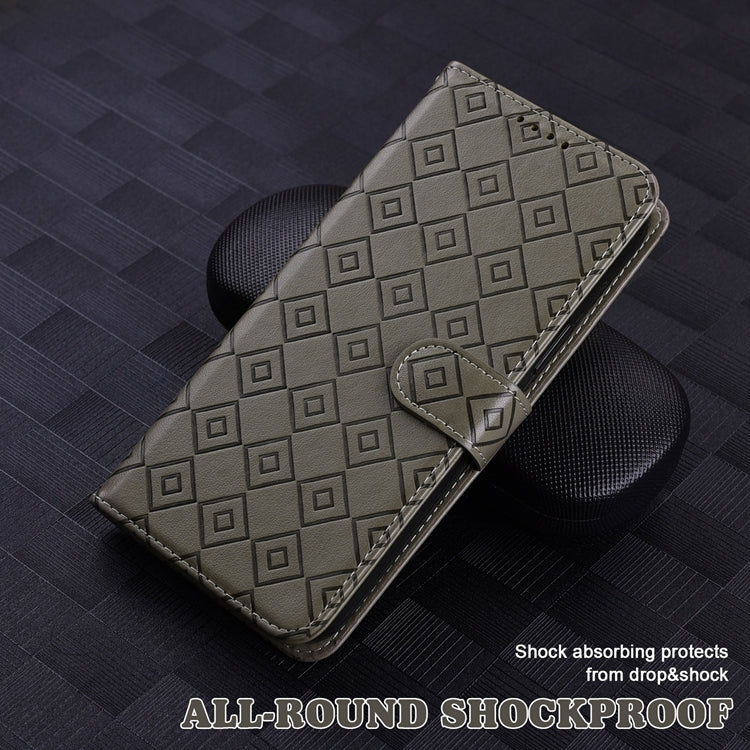 For Samsung Galaxy S21 FE 5G Embossed Big Small Concentric Squares Pattern Horizontal Flip Leather Case with Card Slot & Holder & Wallet