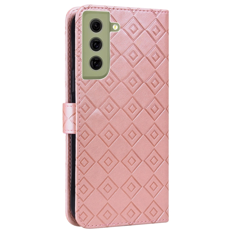 For Samsung Galaxy S21 FE 5G Embossed Big Small Concentric Squares Pattern Horizontal Flip Leather Case with Card Slot & Holder & Wallet
