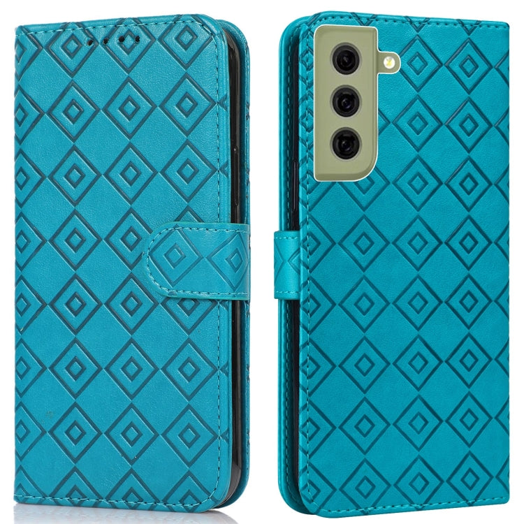 For Samsung Galaxy S21 FE 5G Embossed Big Small Concentric Squares Pattern Horizontal Flip Leather Case with Card Slot & Holder & Wallet