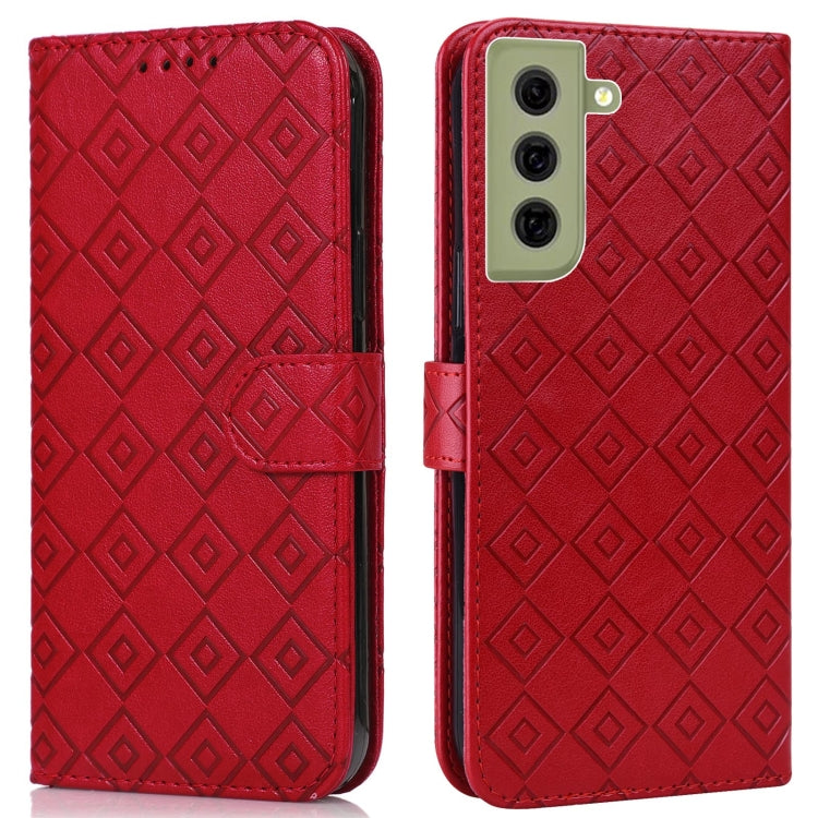 For Samsung Galaxy S21 FE 5G Embossed Big Small Concentric Squares Pattern Horizontal Flip Leather Case with Card Slot & Holder & Wallet