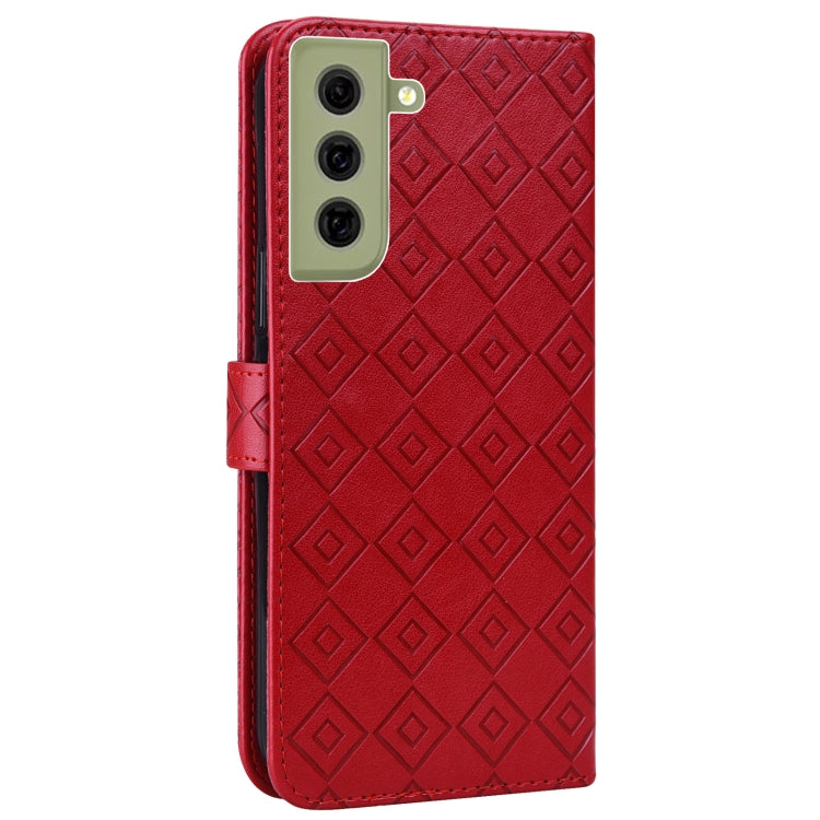 For Samsung Galaxy S21 FE 5G Embossed Big Small Concentric Squares Pattern Horizontal Flip Leather Case with Card Slot & Holder & Wallet