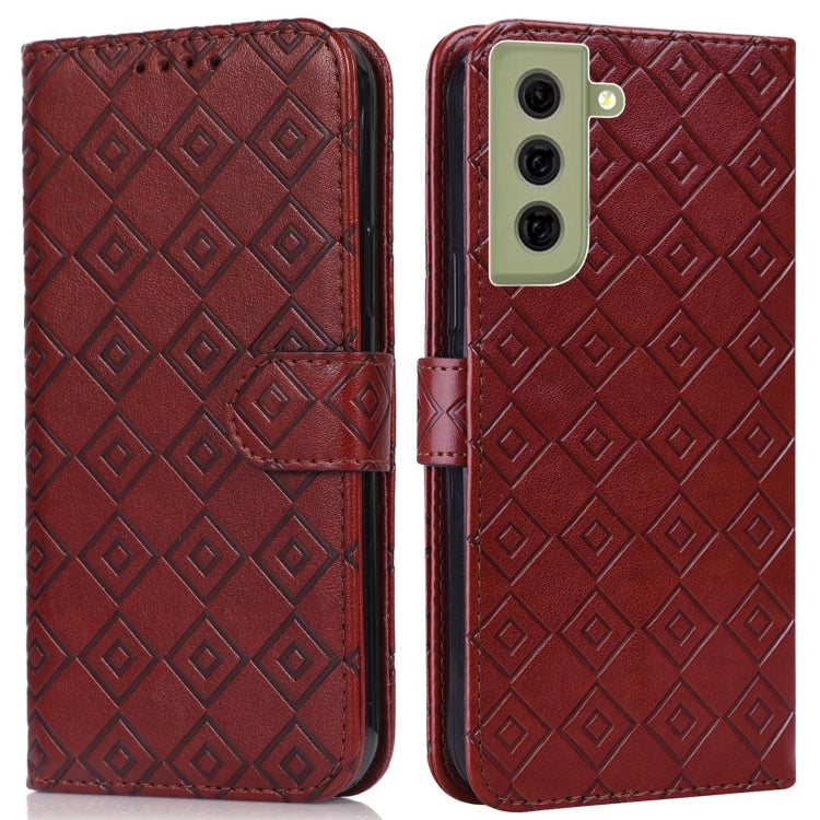 For Samsung Galaxy S21 FE 5G Embossed Big Small Concentric Squares Pattern Horizontal Flip Leather Case with Card Slot & Holder & Wallet