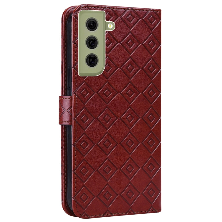 For Samsung Galaxy S21 FE 5G Embossed Big Small Concentric Squares Pattern Horizontal Flip Leather Case with Card Slot & Holder & Wallet