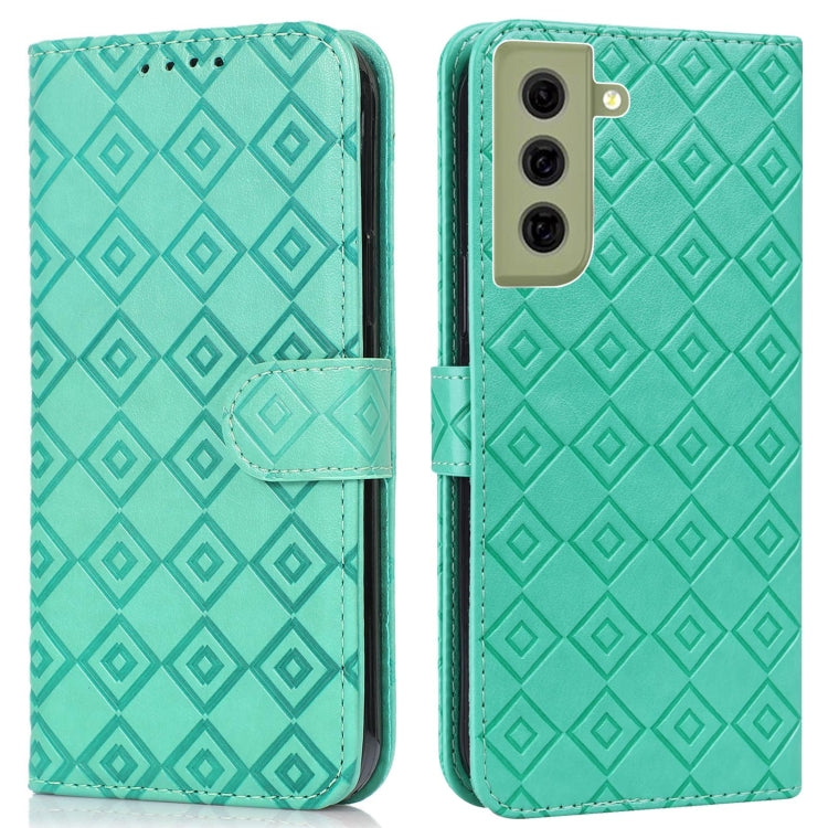 For Samsung Galaxy S21 FE 5G Embossed Big Small Concentric Squares Pattern Horizontal Flip Leather Case with Card Slot & Holder & Wallet