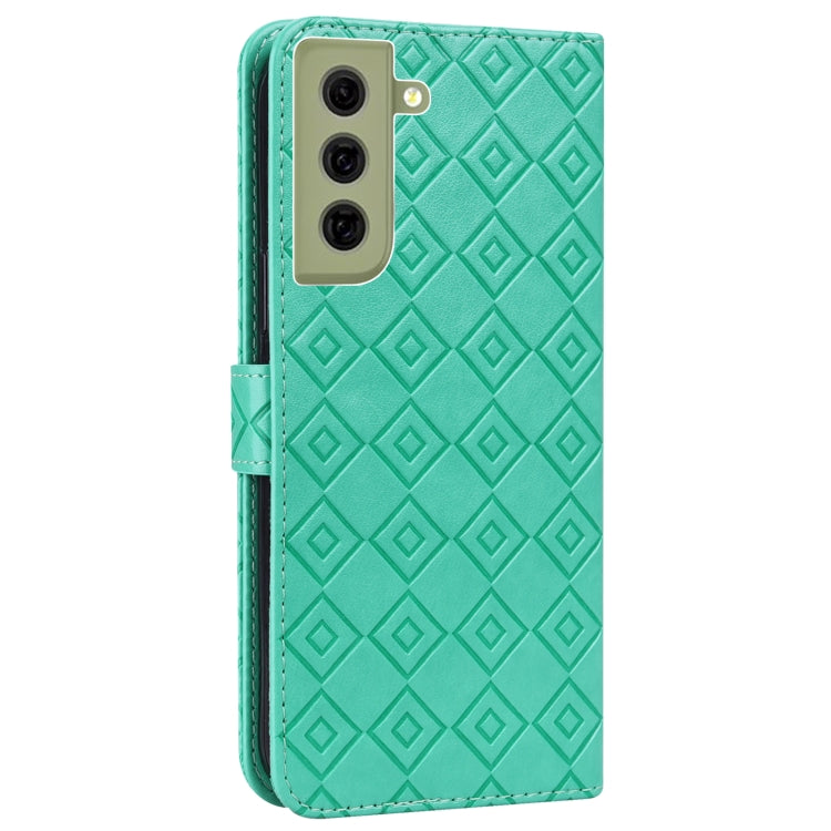 For Samsung Galaxy S21 FE 5G Embossed Big Small Concentric Squares Pattern Horizontal Flip Leather Case with Card Slot & Holder & Wallet