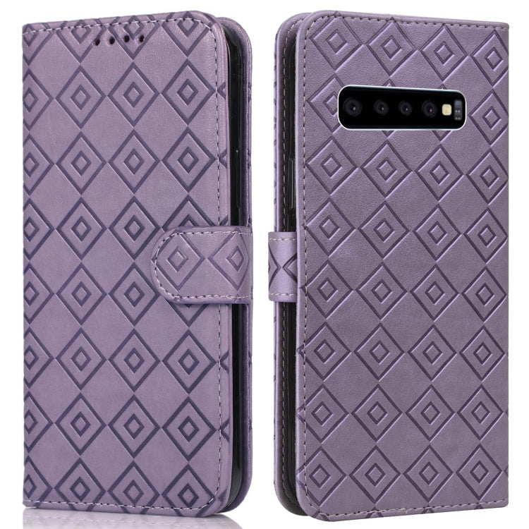 For Samsung Galaxy S10 Embossed Big Small Concentric Squares Pattern Horizontal Flip Leather Case with Card Slot & Holder & Wallet