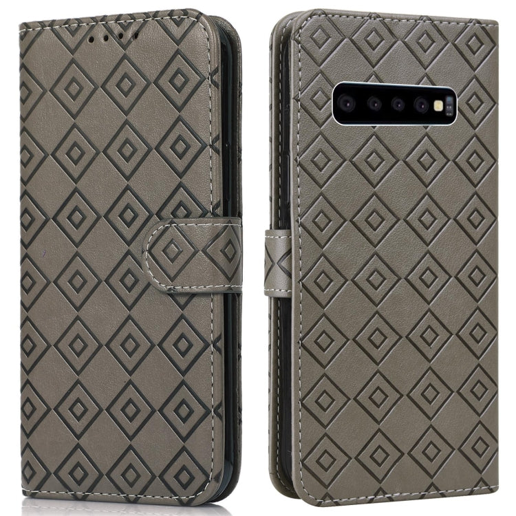 For Samsung Galaxy S10 Embossed Big Small Concentric Squares Pattern Horizontal Flip Leather Case with Card Slot & Holder & Wallet