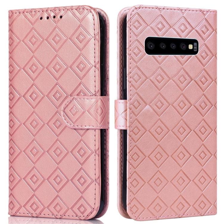 For Samsung Galaxy S10 Embossed Big Small Concentric Squares Pattern Horizontal Flip Leather Case with Card Slot & Holder & Wallet