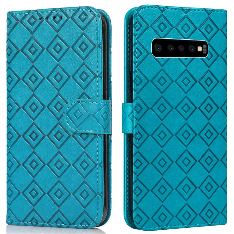 For Samsung Galaxy S10 Embossed Big Small Concentric Squares Pattern Horizontal Flip Leather Case with Card Slot & Holder & Wallet