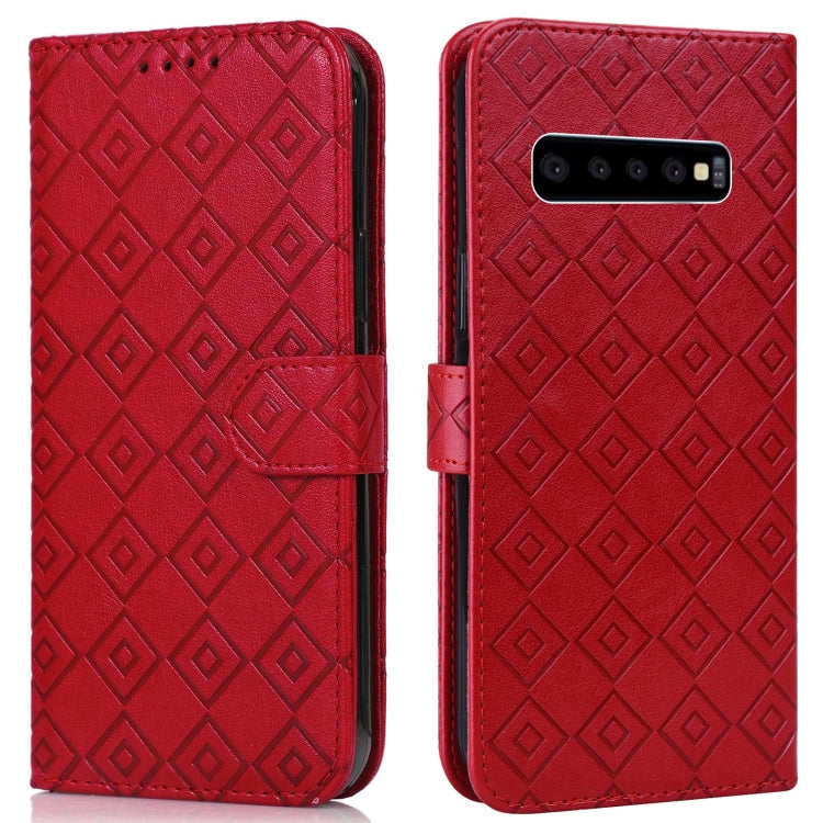 For Samsung Galaxy S10 Embossed Big Small Concentric Squares Pattern Horizontal Flip Leather Case with Card Slot & Holder & Wallet