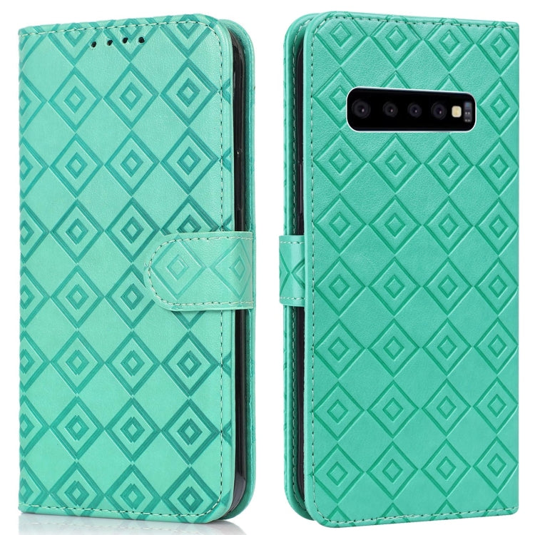 For Samsung Galaxy S10 Embossed Big Small Concentric Squares Pattern Horizontal Flip Leather Case with Card Slot & Holder & Wallet