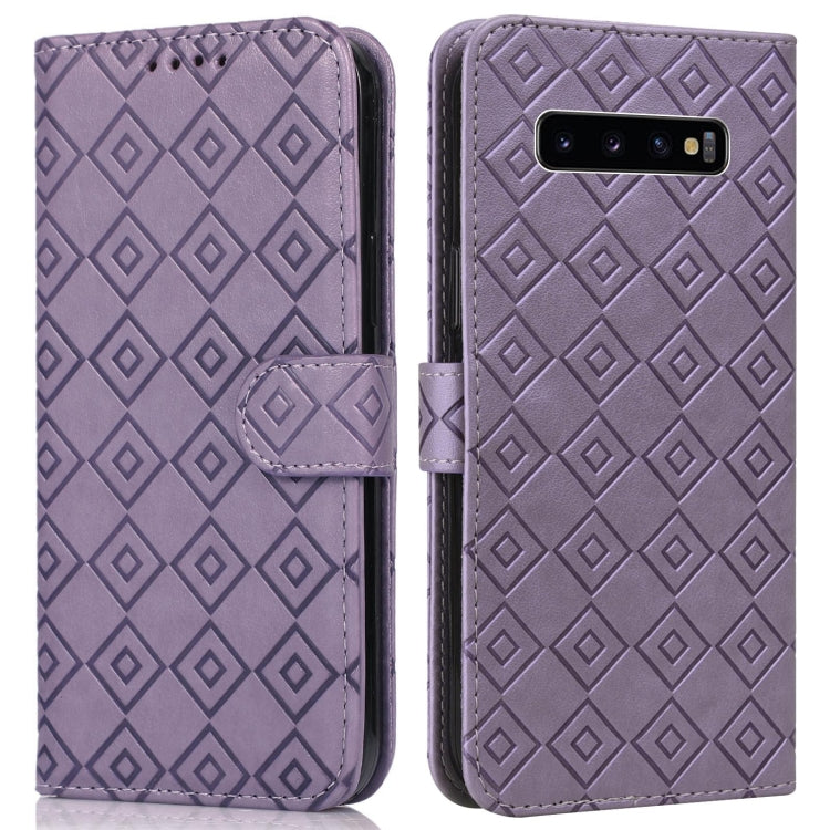 For Samsung Galaxy S10+ Embossed Big Small Concentric Squares Pattern Horizontal Flip Leather Case with Card Slot & Holder & Wallet