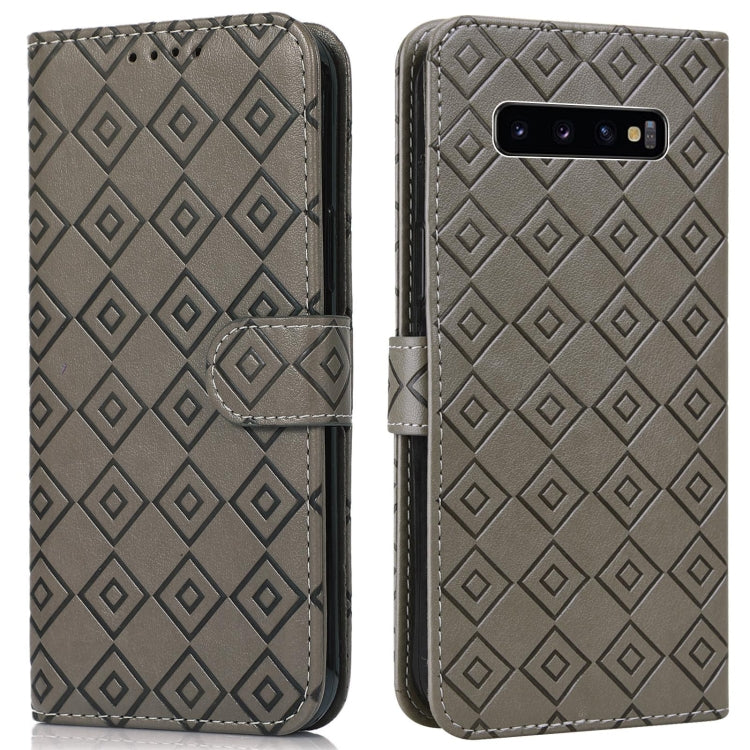 For Samsung Galaxy S10+ Embossed Big Small Concentric Squares Pattern Horizontal Flip Leather Case with Card Slot & Holder & Wallet