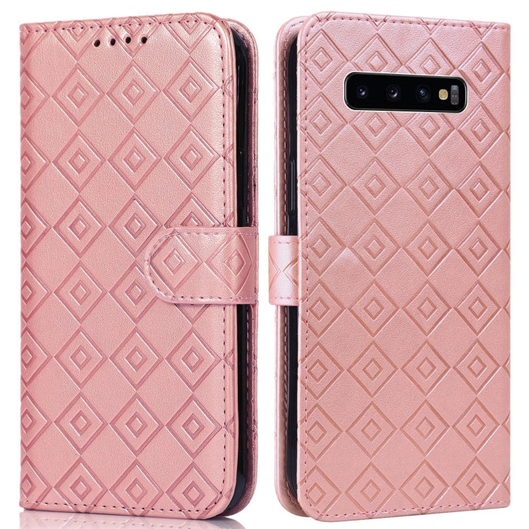 For Samsung Galaxy S10+ Embossed Big Small Concentric Squares Pattern Horizontal Flip Leather Case with Card Slot & Holder & Wallet