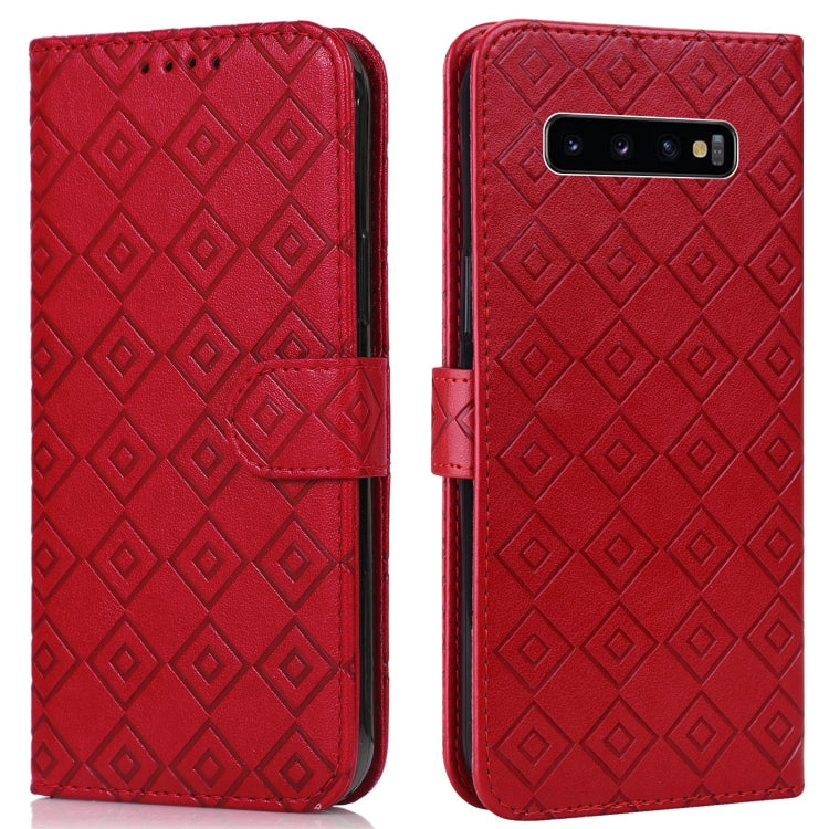 For Samsung Galaxy S10+ Embossed Big Small Concentric Squares Pattern Horizontal Flip Leather Case with Card Slot & Holder & Wallet