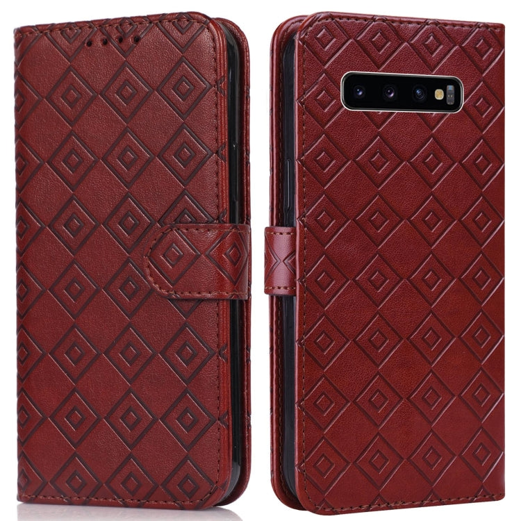 For Samsung Galaxy S10+ Embossed Big Small Concentric Squares Pattern Horizontal Flip Leather Case with Card Slot & Holder & Wallet