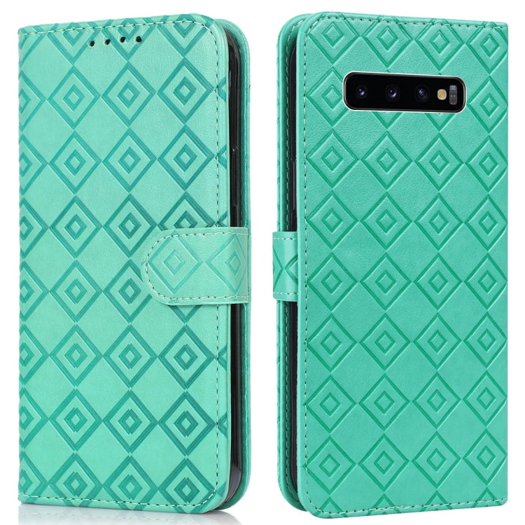 For Samsung Galaxy S10+ Embossed Big Small Concentric Squares Pattern Horizontal Flip Leather Case with Card Slot & Holder & Wallet