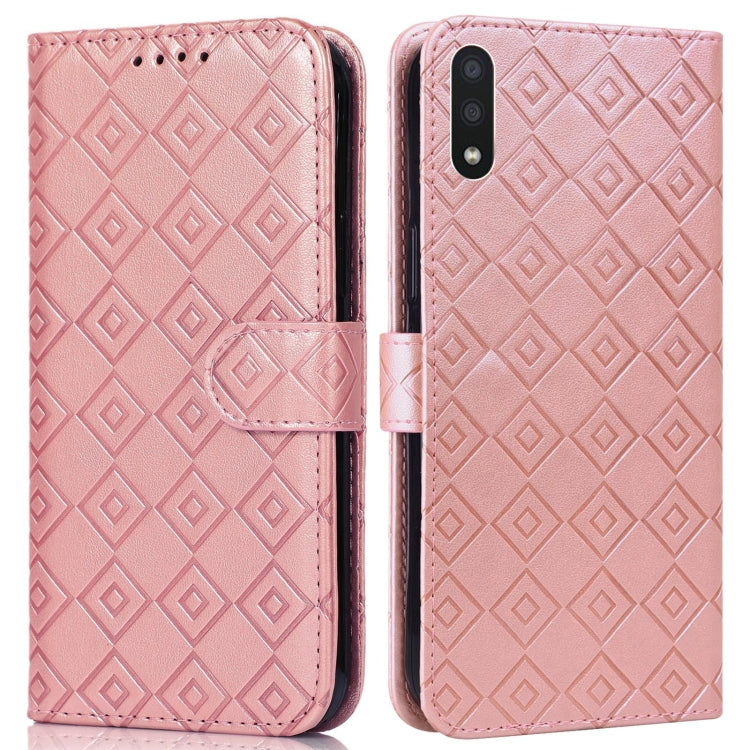 For Samsung Galaxy A01 Embossed Big Small Concentric Squares Pattern Horizontal Flip Leather Case with Card Slot & Holder & Wallet