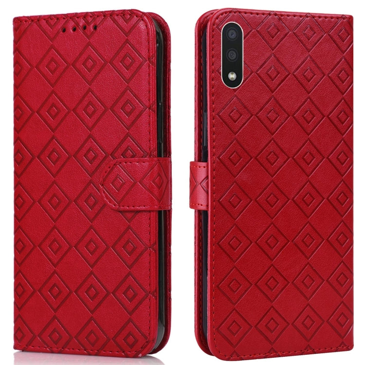 For Samsung Galaxy A01 Embossed Big Small Concentric Squares Pattern Horizontal Flip Leather Case with Card Slot & Holder & Wallet
