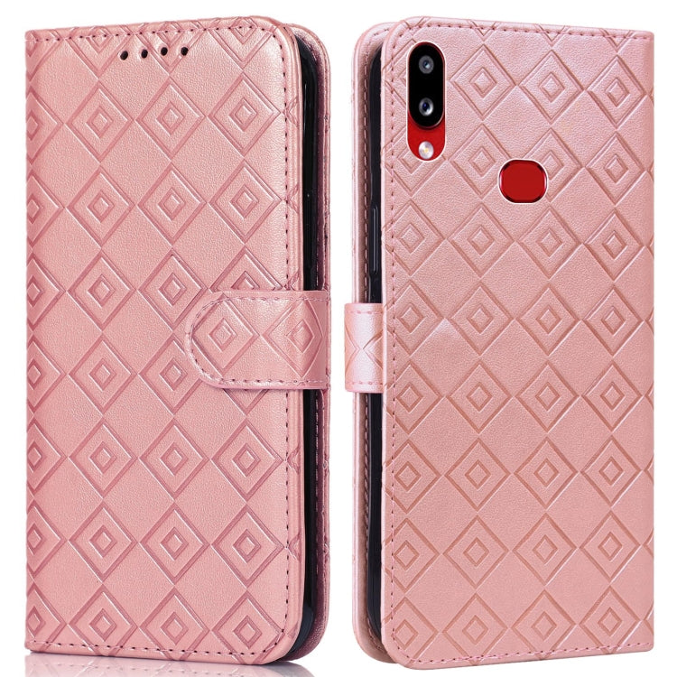 For Samsung Galaxy A10s Embossed Big Small Concentric Squares Pattern Horizontal Flip Leather Case with Card Slot & Holder & Wallet