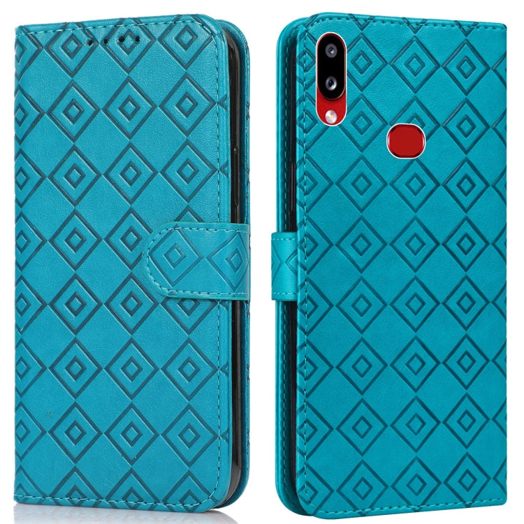 For Samsung Galaxy A10s Embossed Big Small Concentric Squares Pattern Horizontal Flip Leather Case with Card Slot & Holder & Wallet