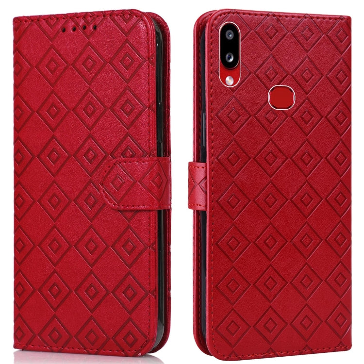 For Samsung Galaxy A10s Embossed Big Small Concentric Squares Pattern Horizontal Flip Leather Case with Card Slot & Holder & Wallet