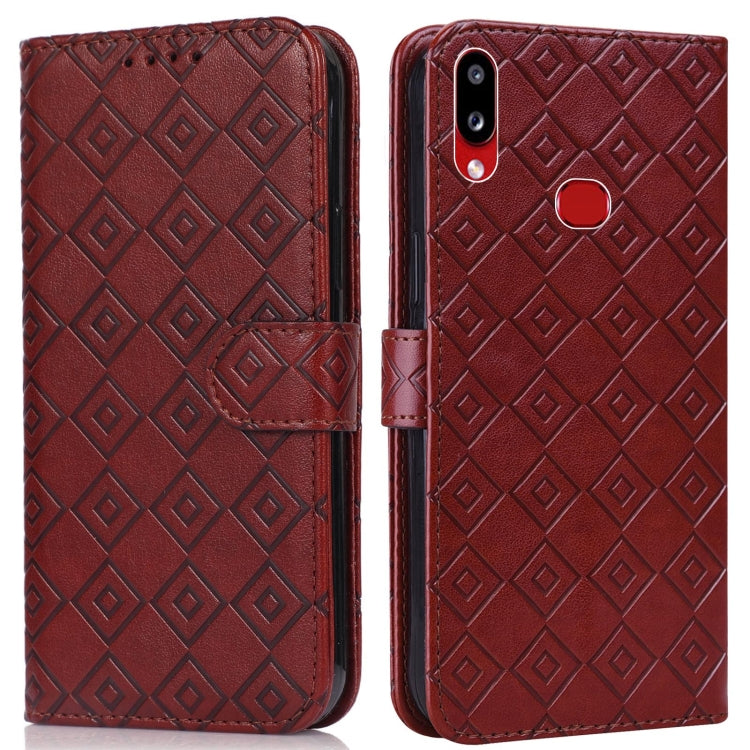 For Samsung Galaxy A10s Embossed Big Small Concentric Squares Pattern Horizontal Flip Leather Case with Card Slot & Holder & Wallet