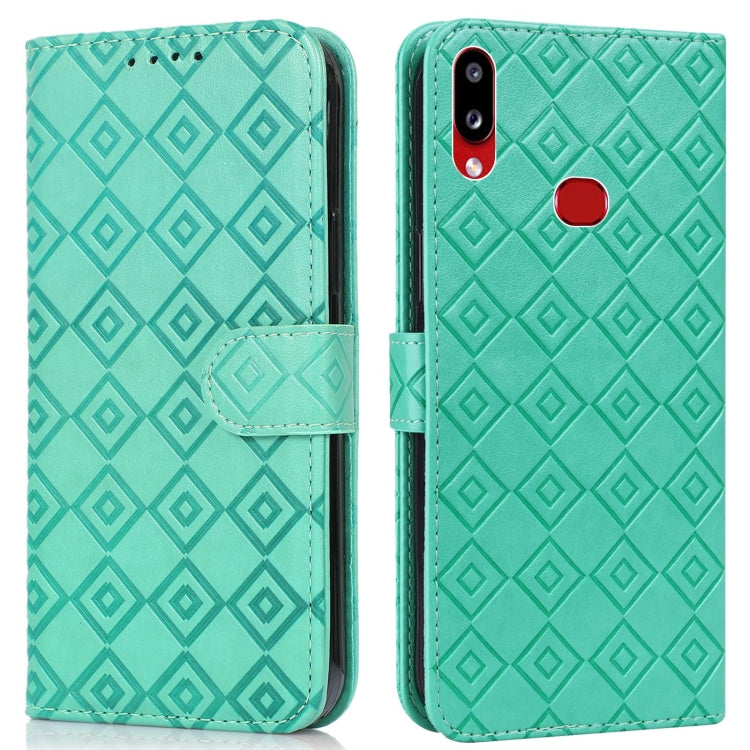 For Samsung Galaxy A10s Embossed Big Small Concentric Squares Pattern Horizontal Flip Leather Case with Card Slot & Holder & Wallet