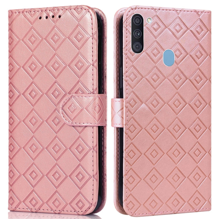 For Samsung Galaxy A11 / M11 Embossed Big Small Concentric Squares Pattern Horizontal Flip Leather Case with Card Slot & Holder & Wallet